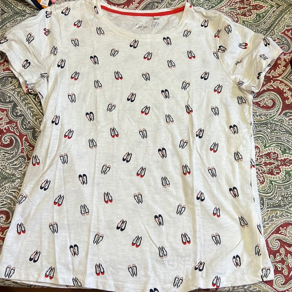 Boden White Short Sleeve Tee with Black and Red Ballet Shoe Print